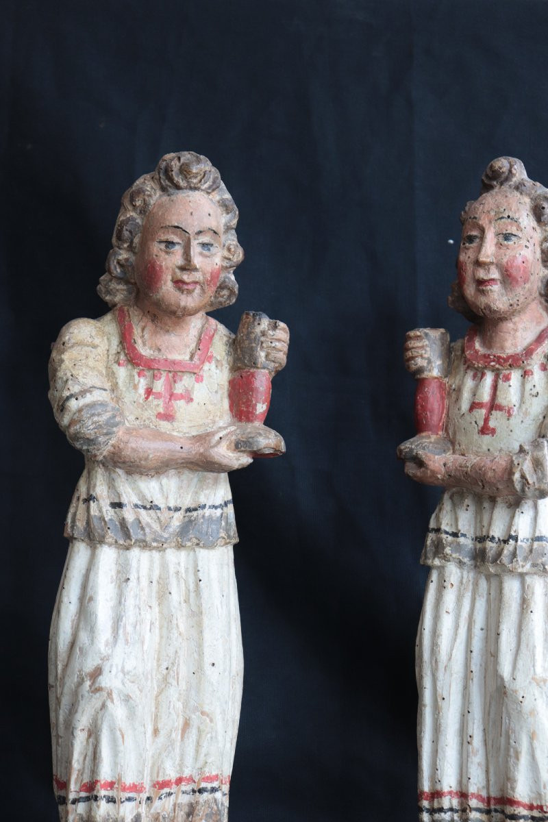 Pair Of Polychrome Angels, Siena, 15th Century-photo-4