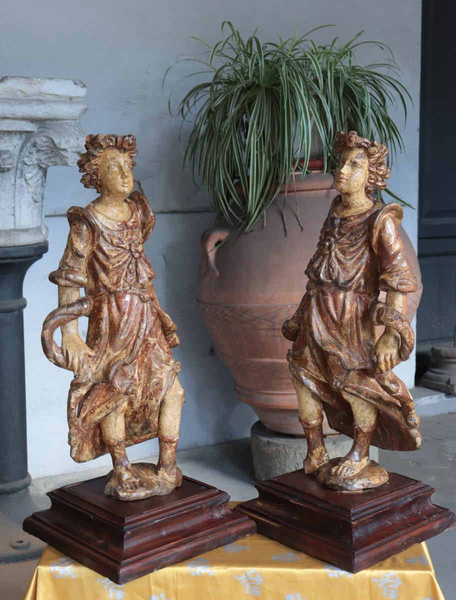 Pair Of Polychrome Angels, Tuscany, 16th Century-photo-2