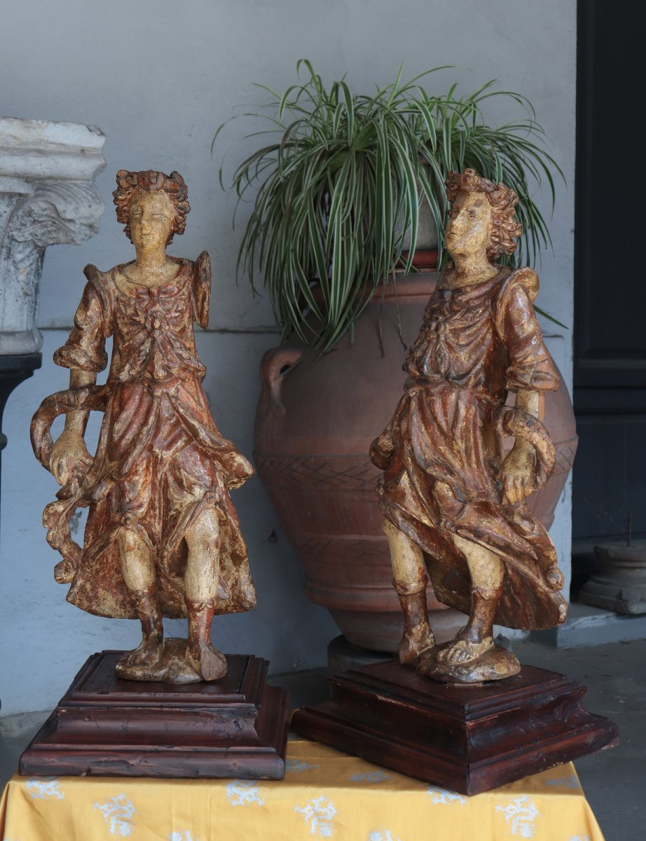 Pair Of Polychrome Angels, Tuscany, 16th Century-photo-2