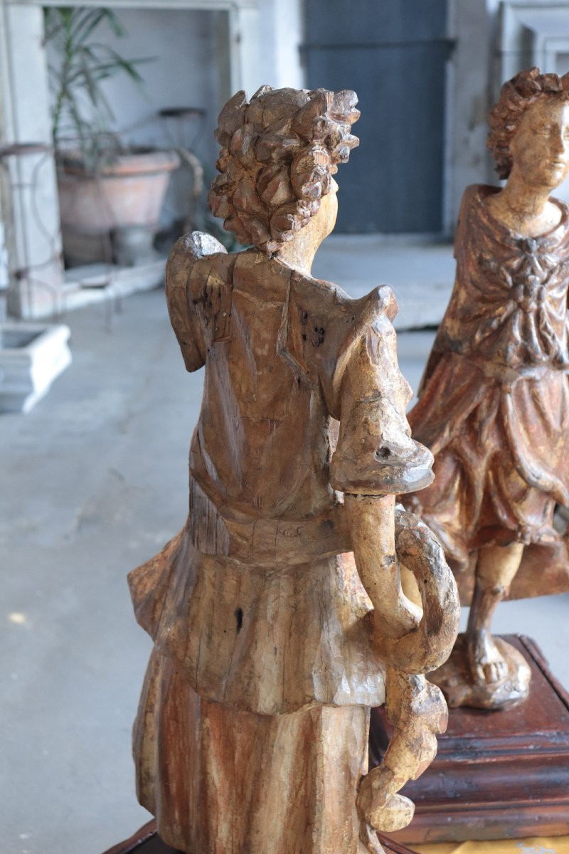 Pair Of Polychrome Angels, Tuscany, 16th Century-photo-5