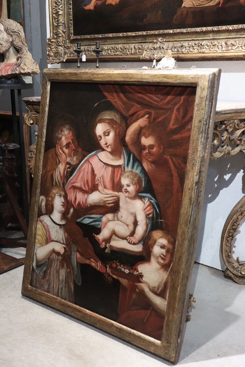 Antique Painting: Holy Family, Italy, 17th Century