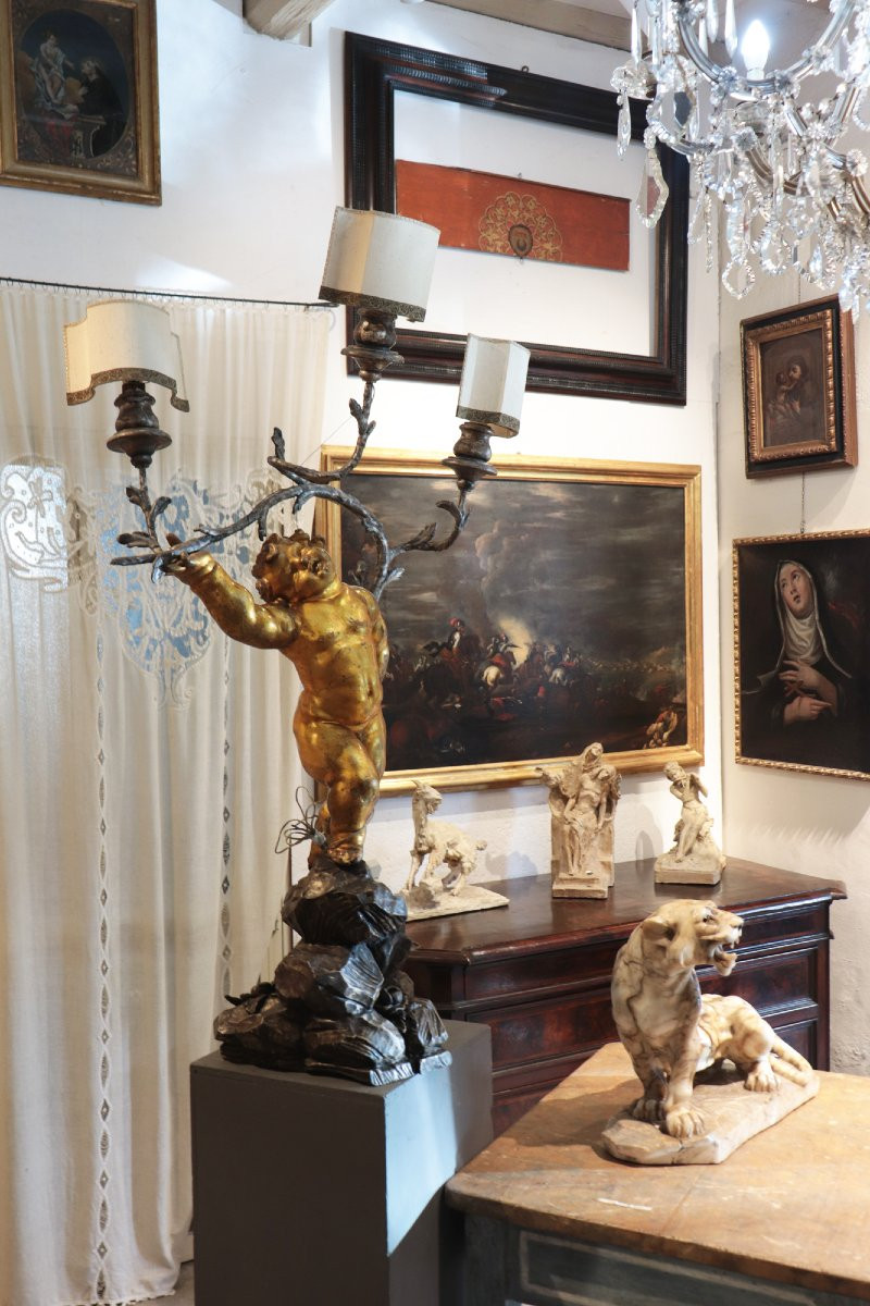 Lampadaire, Putto doré, Baroque, 18e siècle-photo-4