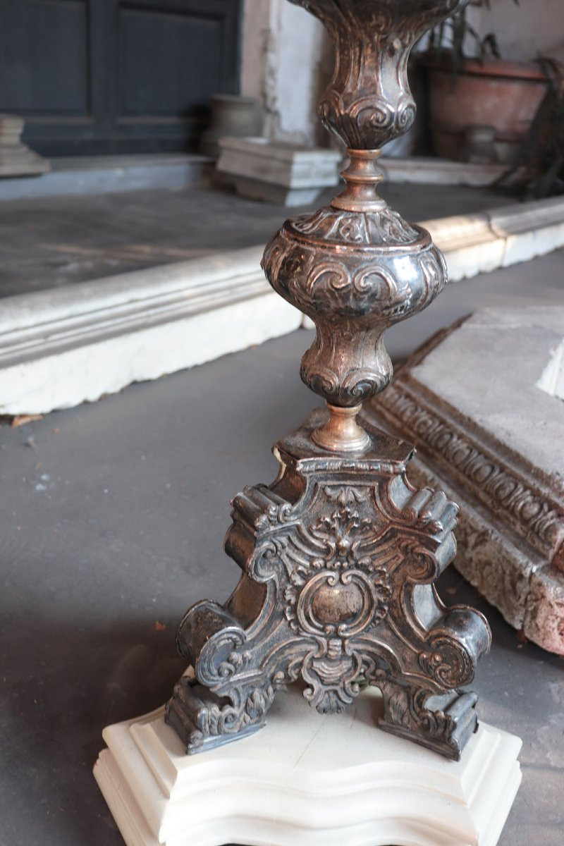 Pair Of Silver-plated Copper Candlesticks, 18th Century-photo-2