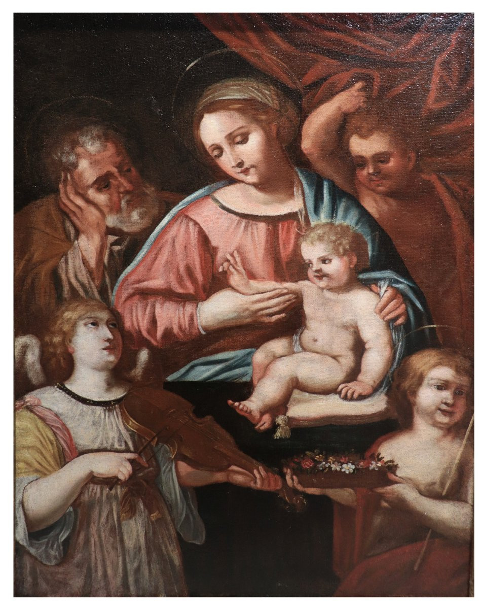 Antique Painting: Holy Family, Italy, 17th Century-photo-3