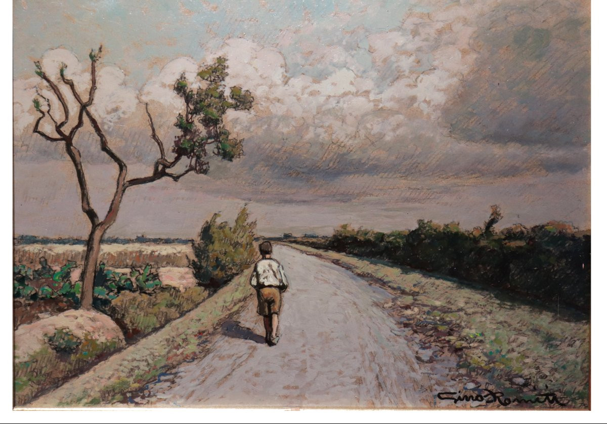 Gino Romiti (Livourne, 1881-1967) - Chemin de campagne-photo-3