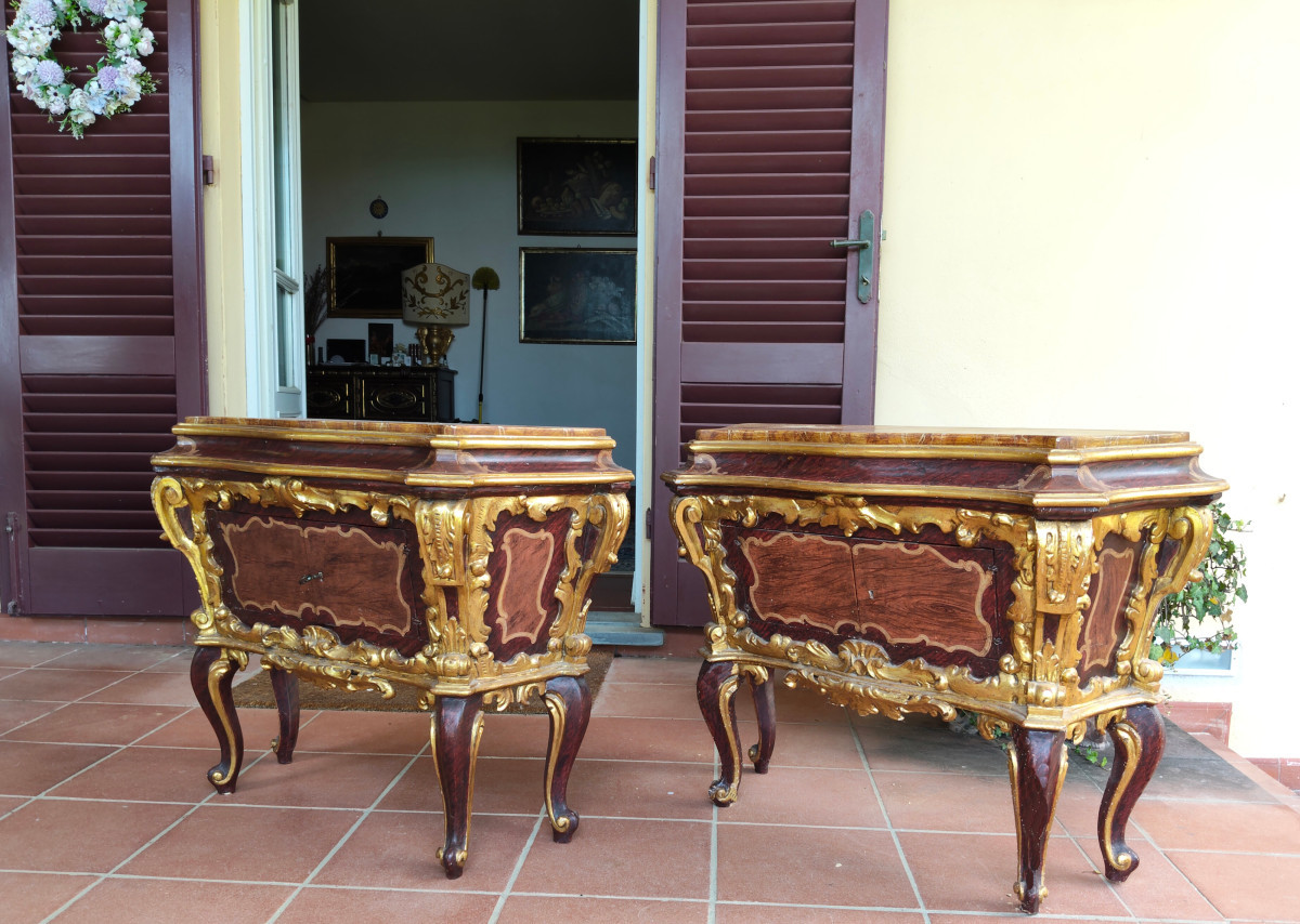 Pair Of Lacquer And Gold Nightstands, 20th Century
