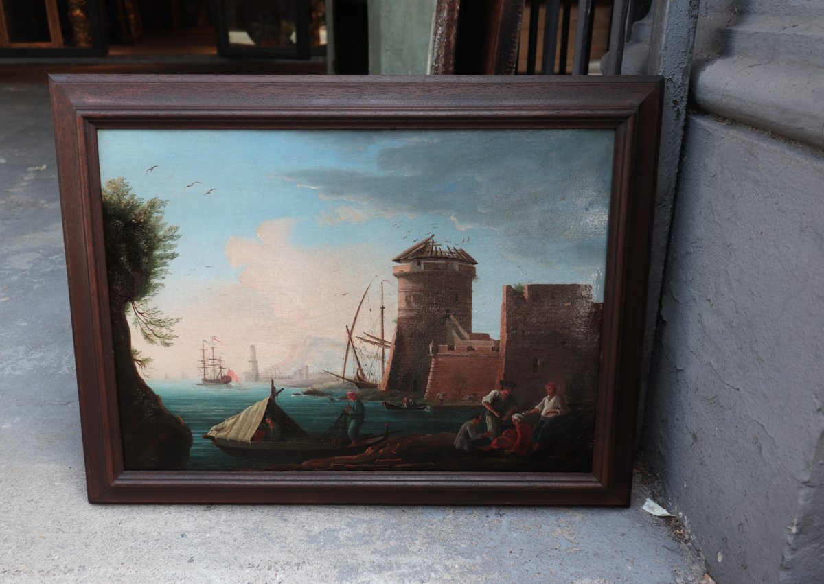 Peinture : Golfe avec des pêcheurs, Italie, 18e siècle-photo-2