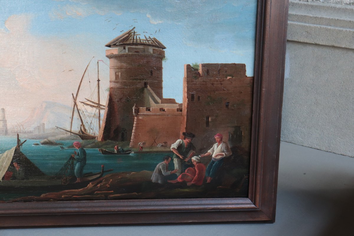 Peinture : Golfe avec des pêcheurs, Italie, 18e siècle-photo-3