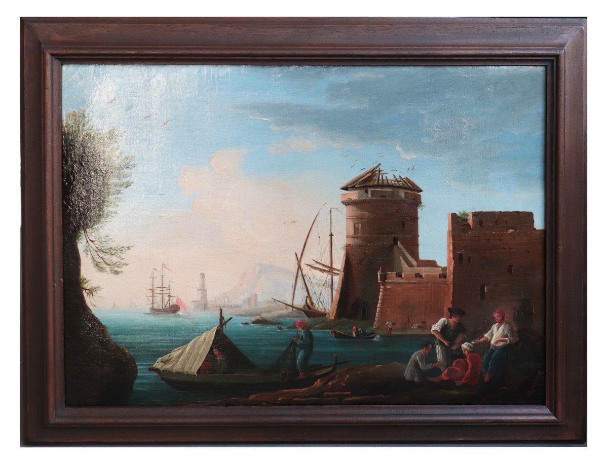 Peinture : Golfe avec des pêcheurs, Italie, 18e siècle