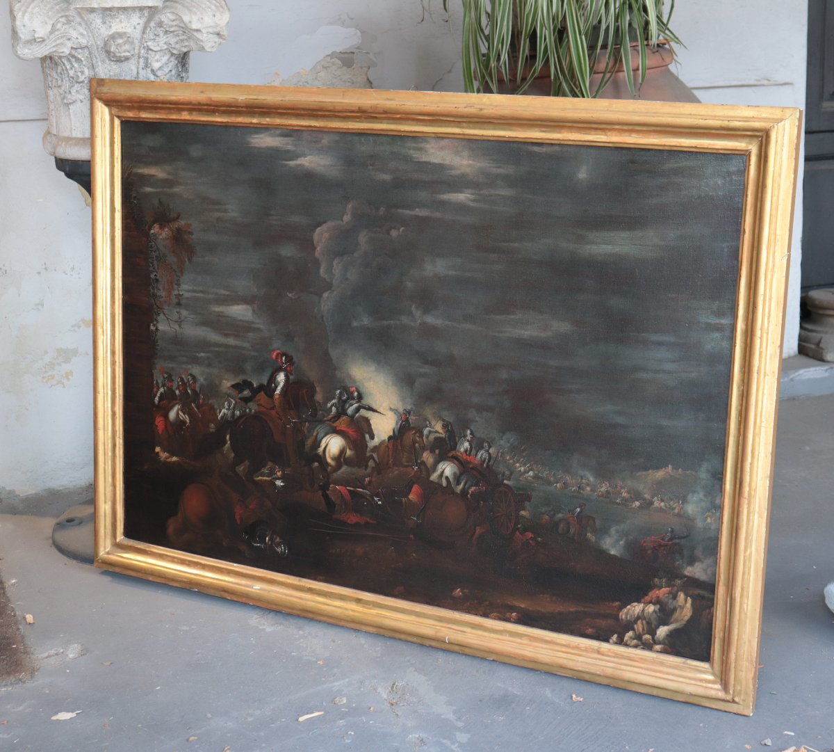 Antique Painting: Night Battle, Italy, 17th Century-photo-2