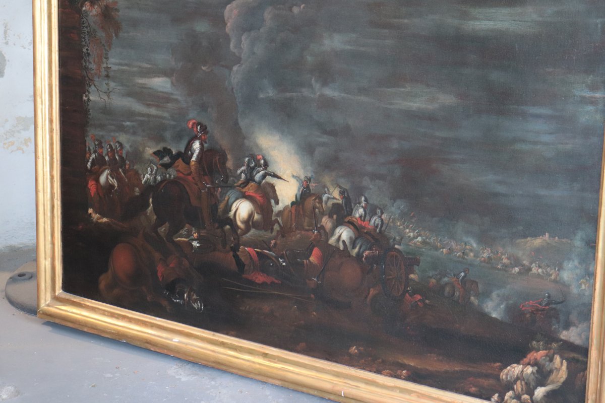 Antique Painting: Night Battle, Italy, 17th Century-photo-3