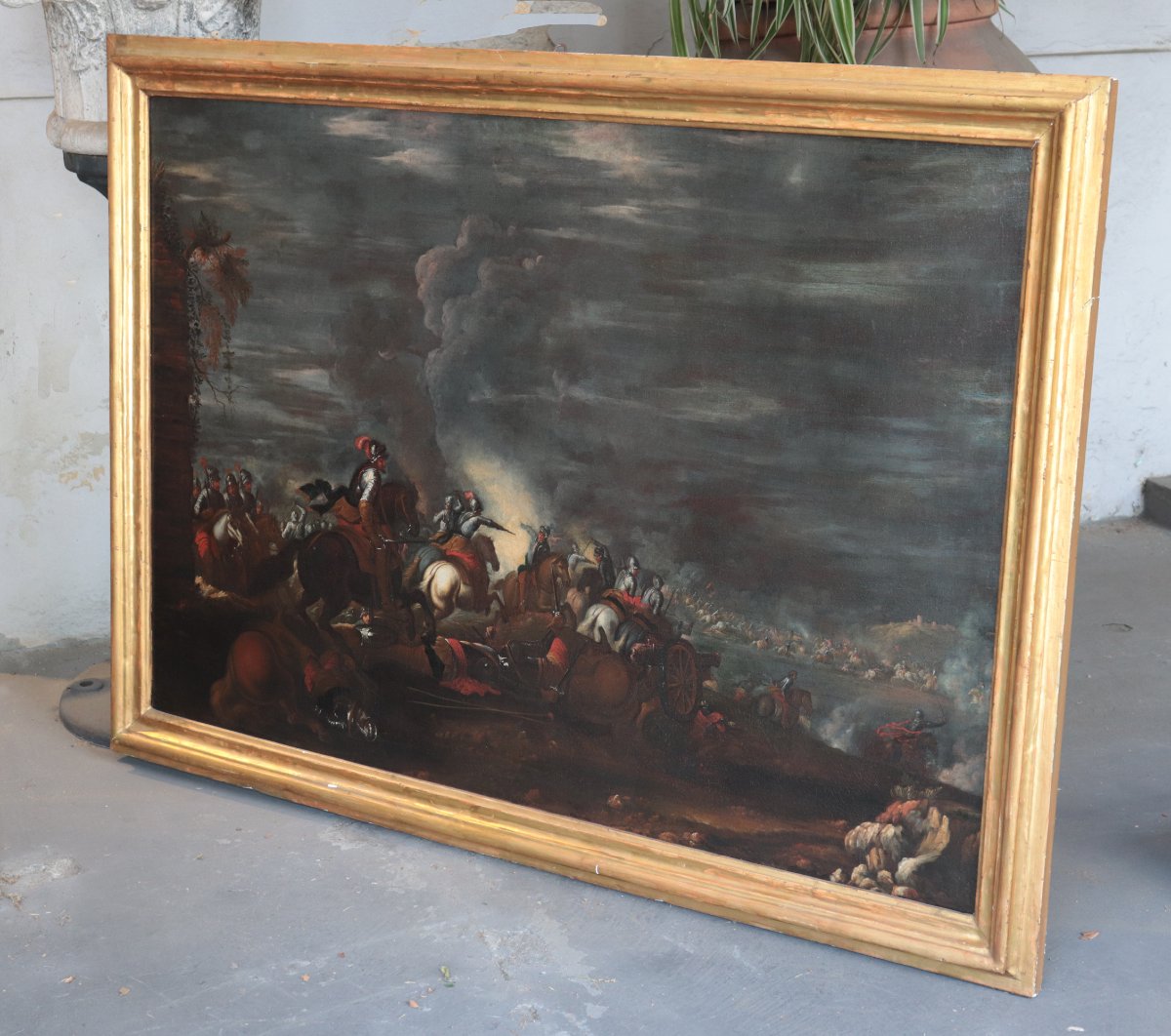 Antique Painting: Night Battle, Italy, 17th Century