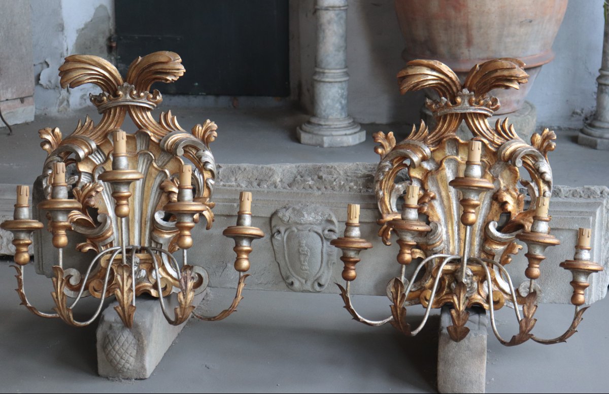 Pair Of Lacquer And Gold Wall Sconces, Tuscany, 18th Century-photo-2