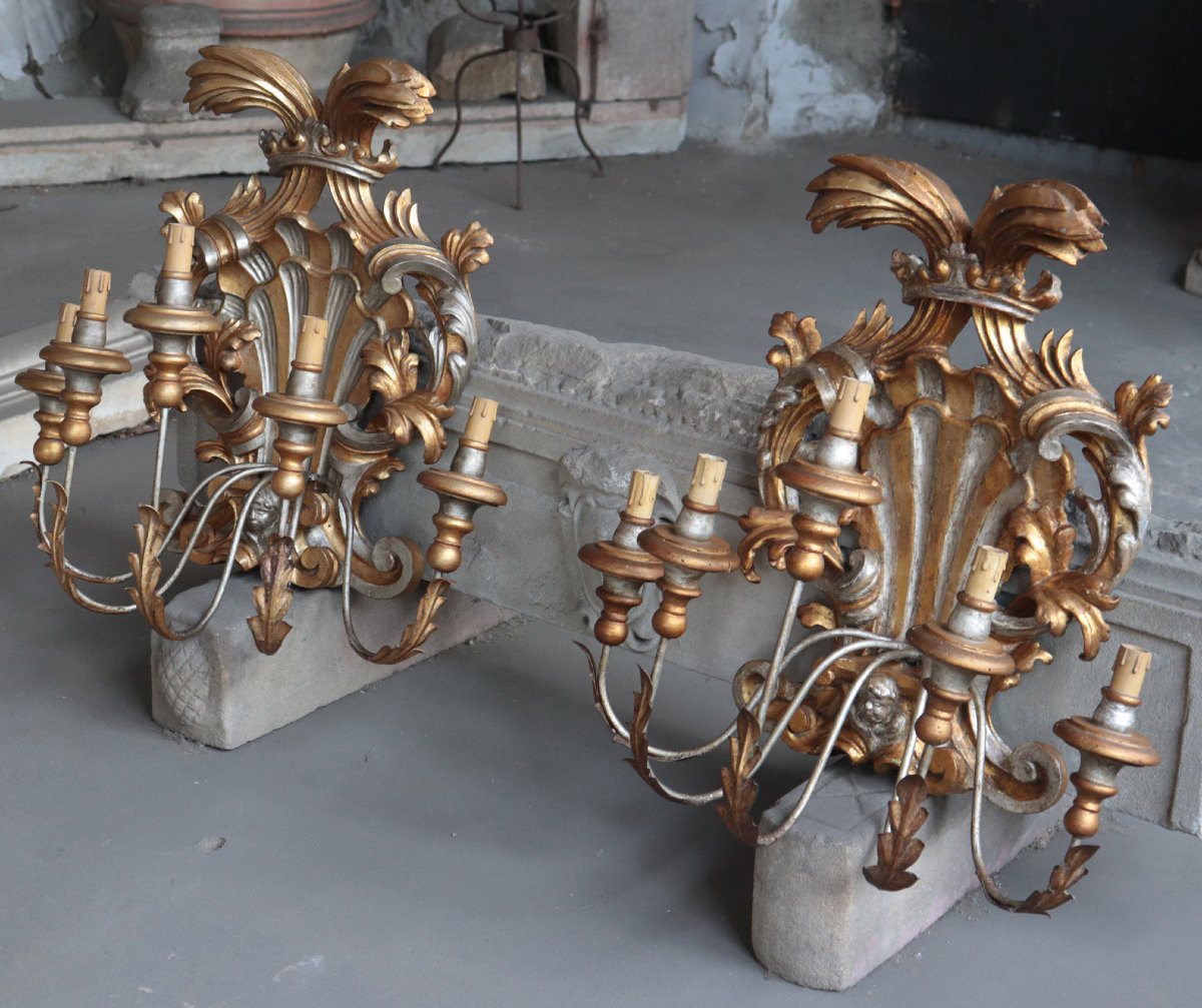 Pair Of Lacquer And Gold Wall Sconces, Tuscany, 18th Century-photo-2