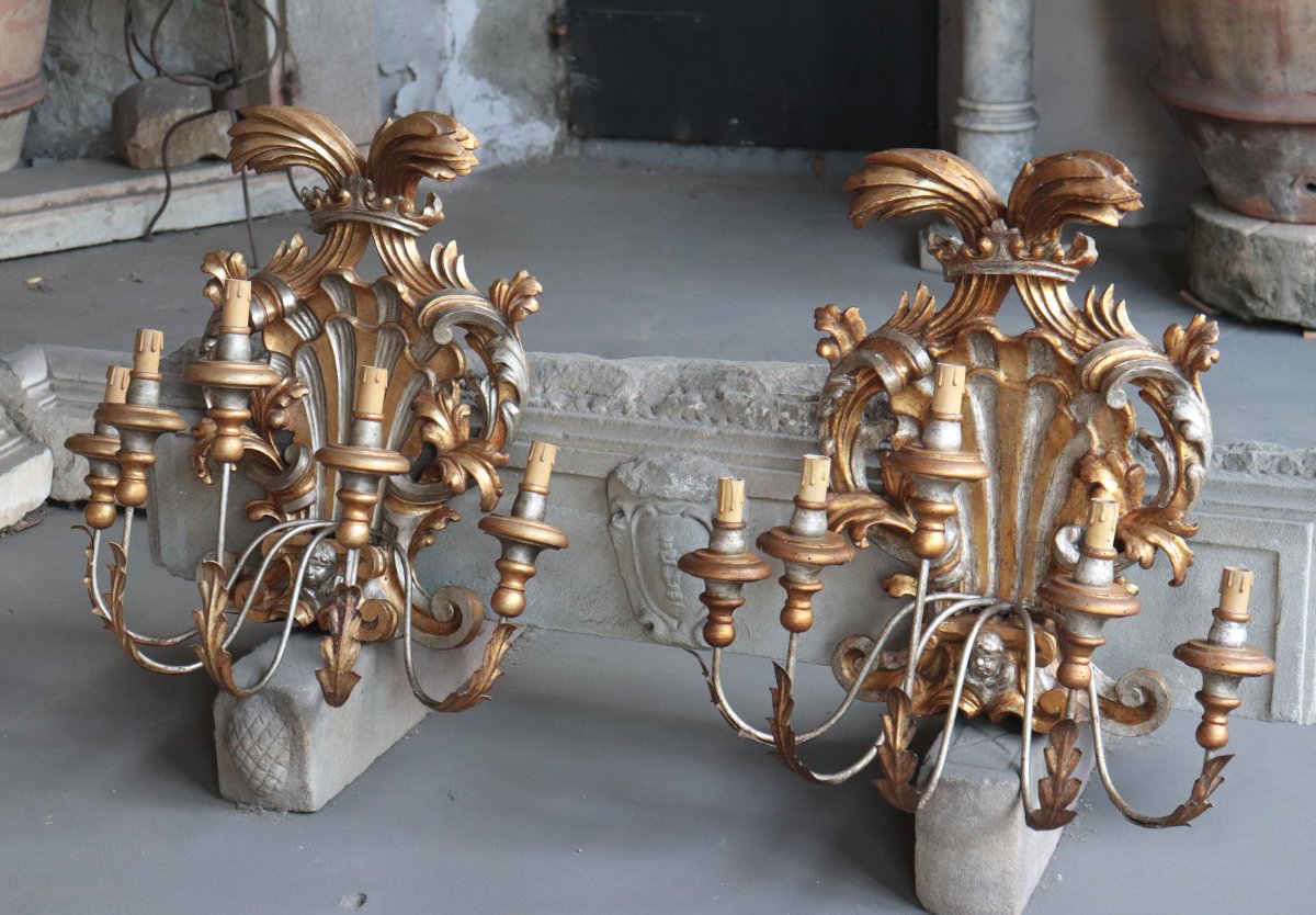 Pair Of Lacquer And Gold Wall Sconces, Tuscany, 18th Century