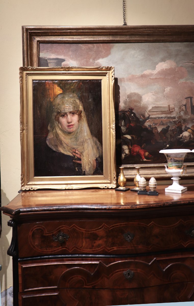 Peinture à l'huile : Portrait de dame, Italie, XIXe siècle-photo-3
