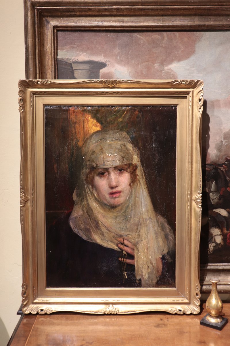 Peinture à l'huile : Portrait de dame, Italie, XIXe siècle-photo-1