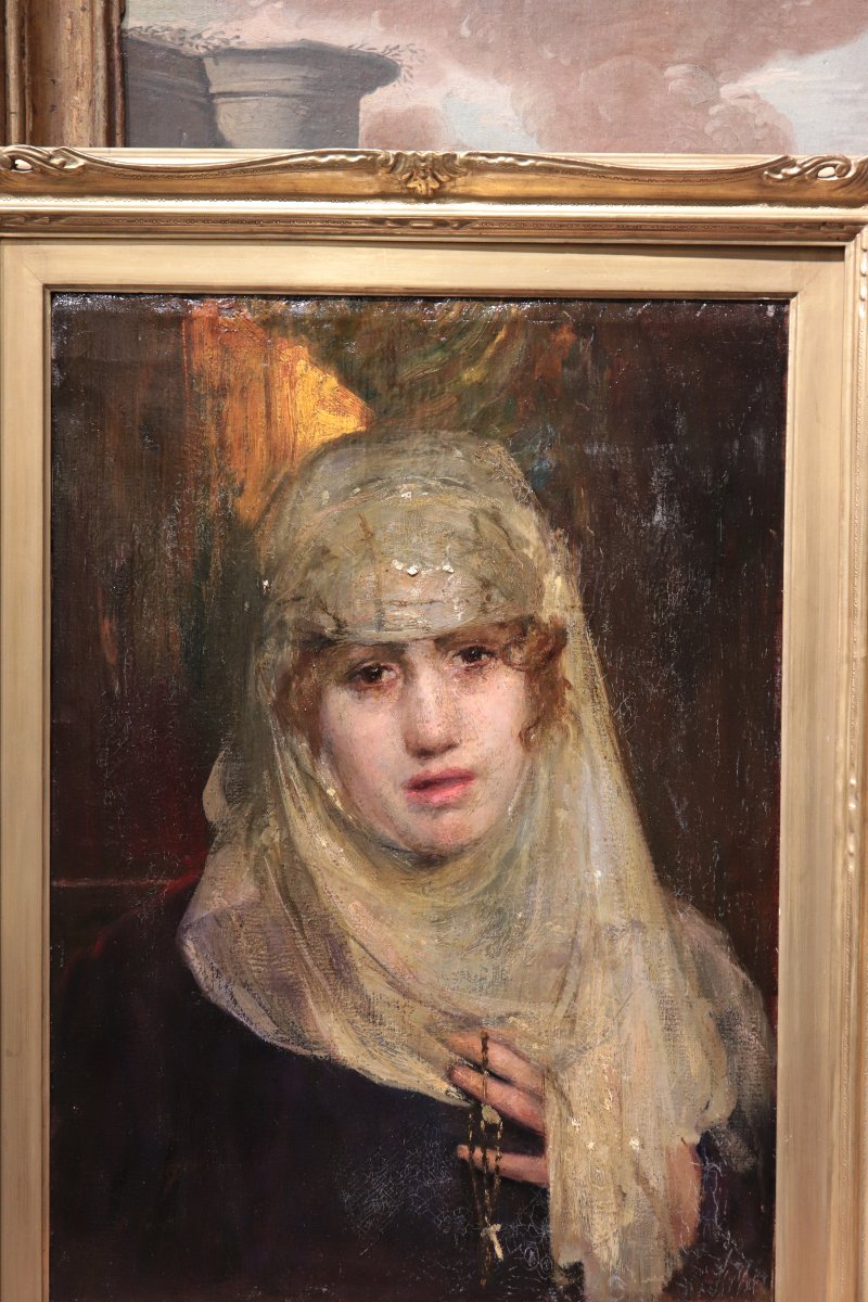 Peinture à l'huile : Portrait de dame, Italie, XIXe siècle-photo-3