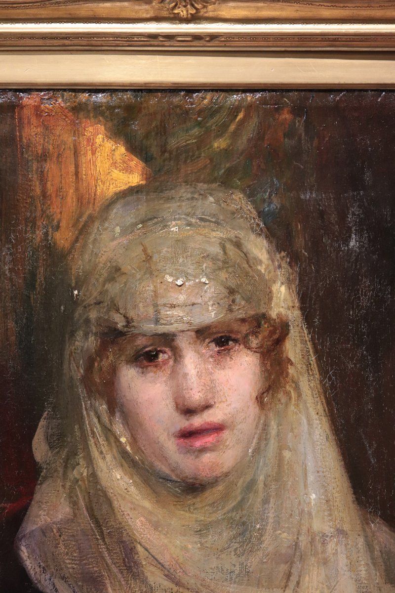 Peinture à l'huile : Portrait de dame, Italie, XIXe siècle-photo-4