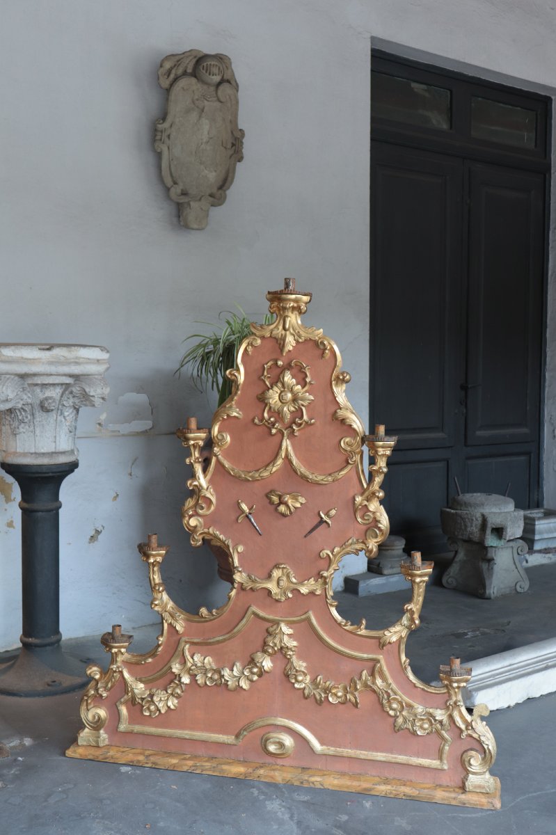 Grand chandelier à 7 lumières en bois doré, XVIIIe siècle-photo-3
