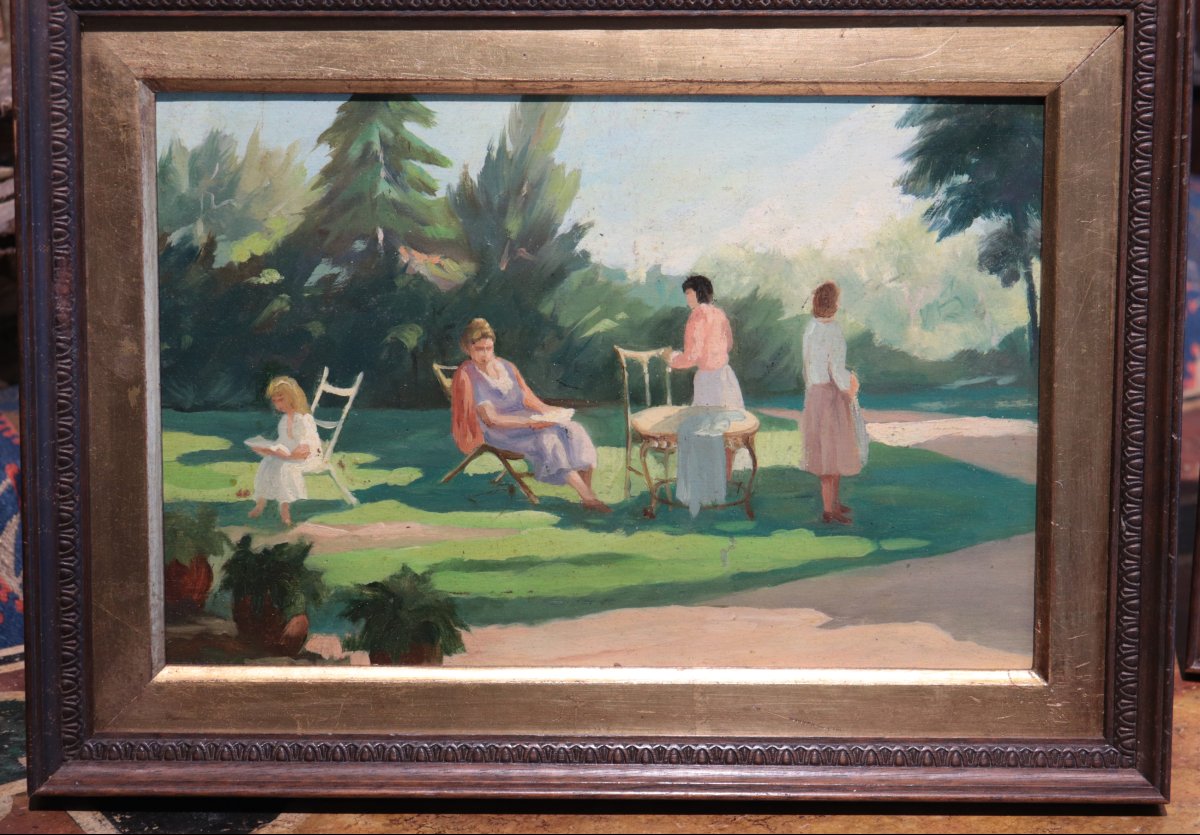 2 tableaux : « Femmes dans un jardin », début du XXe siècle-photo-2