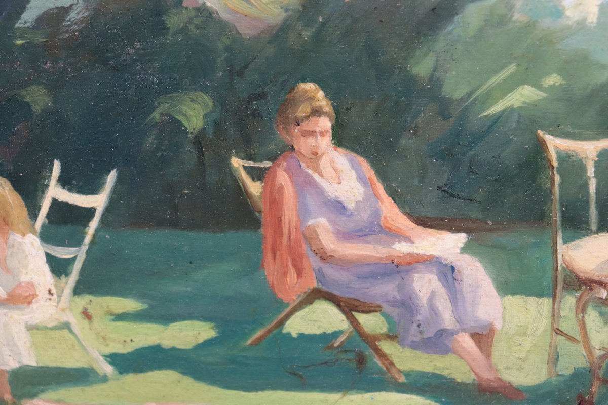 2 tableaux : « Femmes dans un jardin », début du XXe siècle-photo-4