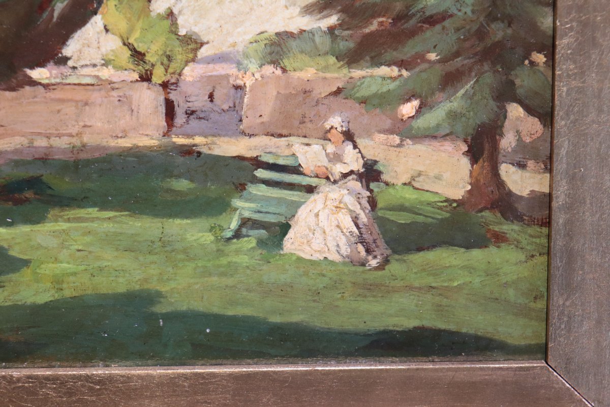2 tableaux : « Femmes dans un jardin », début du XXe siècle-photo-1