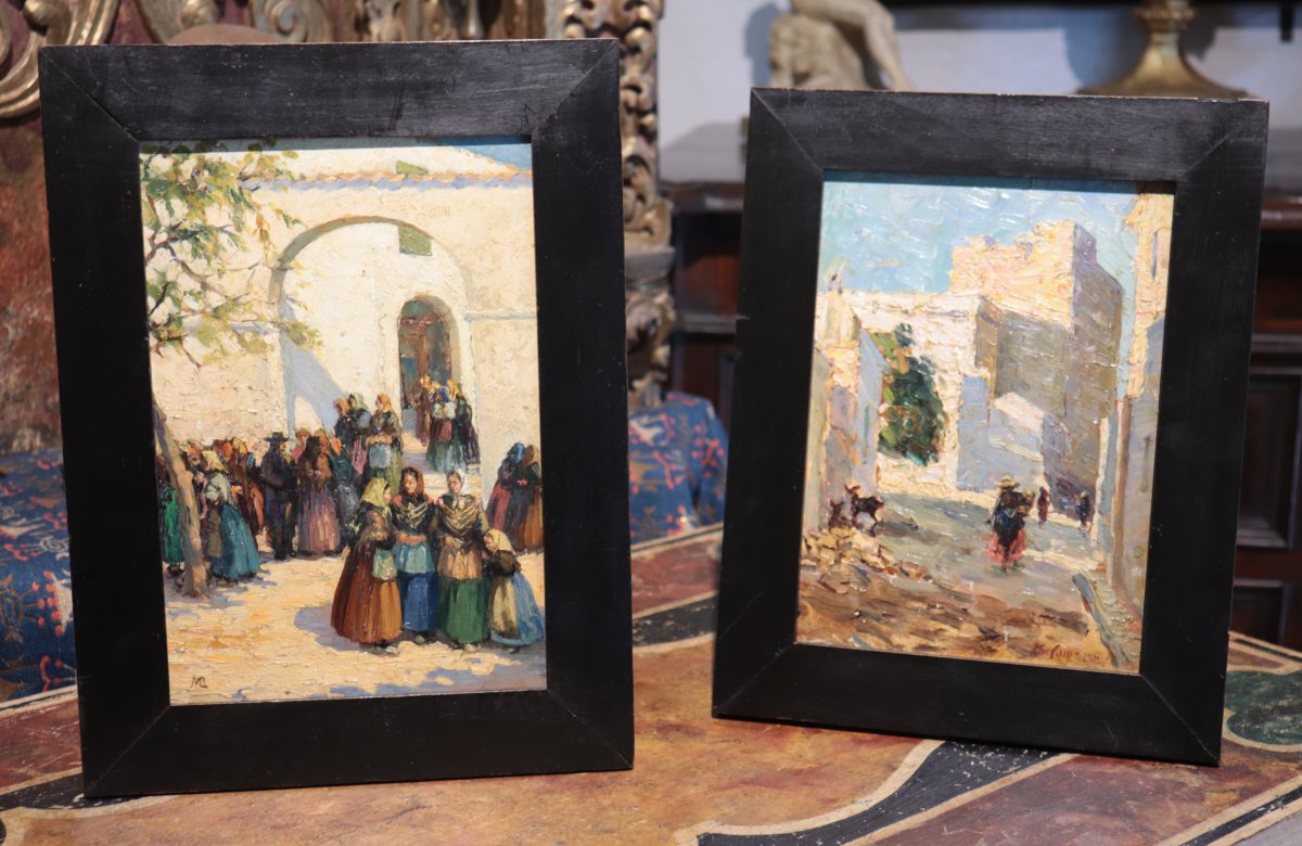 2 tableaux : Scènes de village, années 1900