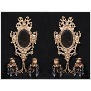 Pair Of Wall Sconces With Mirror, France, Late 19th Century