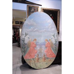 Grand Tableau : Paire d'Anges, Toscane, 20e Siècle H203cm