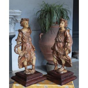 Pair Of Polychrome Angels, Tuscany, 16th Century