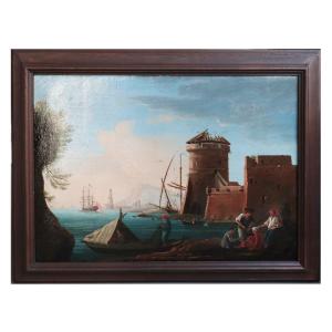 Peinture : Golfe avec des pêcheurs, Italie, 18e siècle