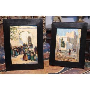2 tableaux : Scènes de village, années 1900