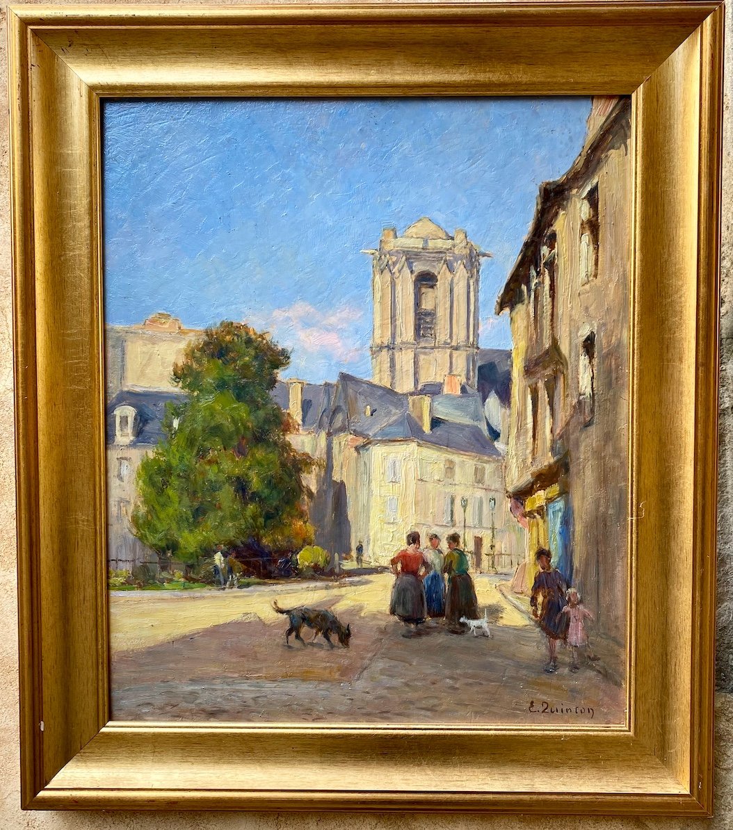 Huile Sur Isorel d'Edmond Quinton 1892-1959 Le Mans Square Dubois Et Cathédrale Circa 1940-photo-2