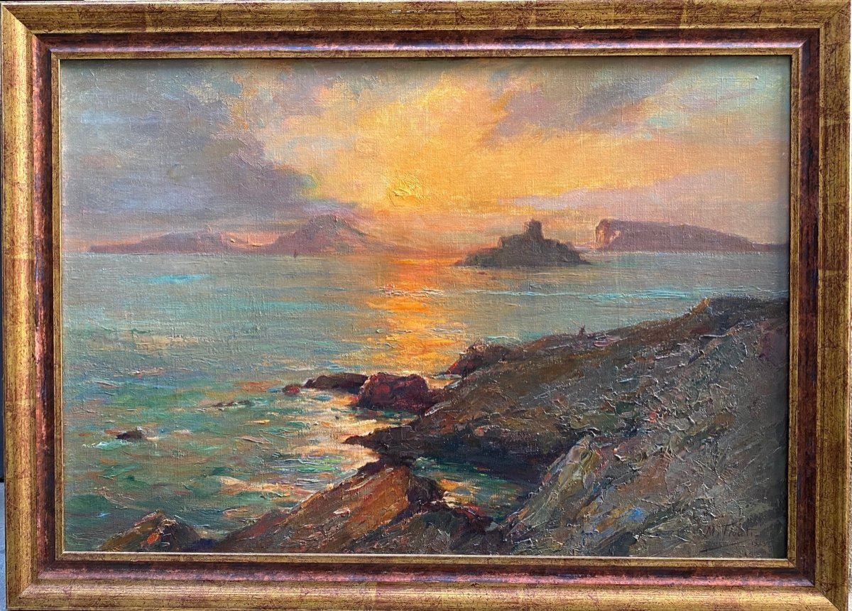 Michel Fronti 1862 1936 - Marseille Château d'If And The Frioul Archipelago - Oil On Canvas 1923-photo-2