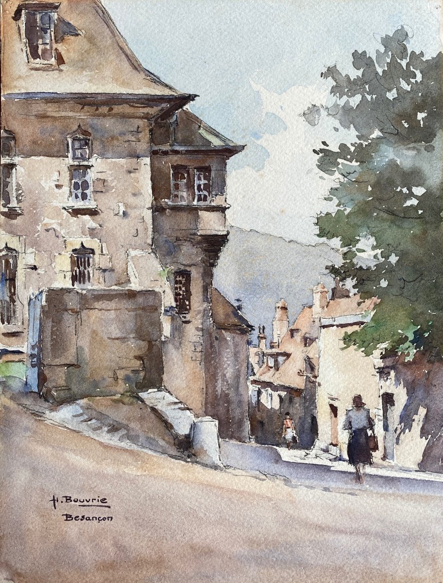 Aquarelle Scène De Rue  Besançon Circa Première Moitié XXème Du Peintre Henri Bouvrie 1896-1973