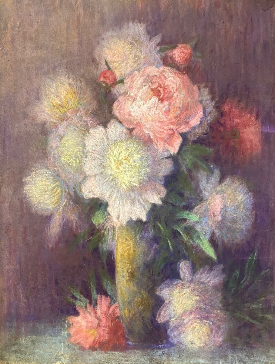Vase Fleurs Pastel Fin XIXè Début XXème 72 X 56 Cm Signature Illisible - Paire Disponible