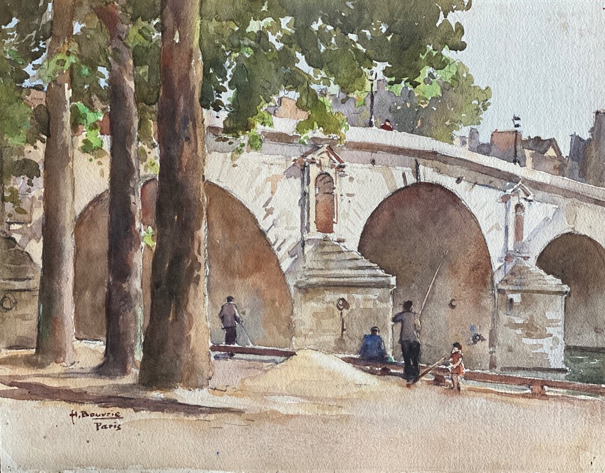 Paris The Marie Bridge The Quays The Fishermen Work Of The Watercolorist Henri Bouvrie 1896 1973