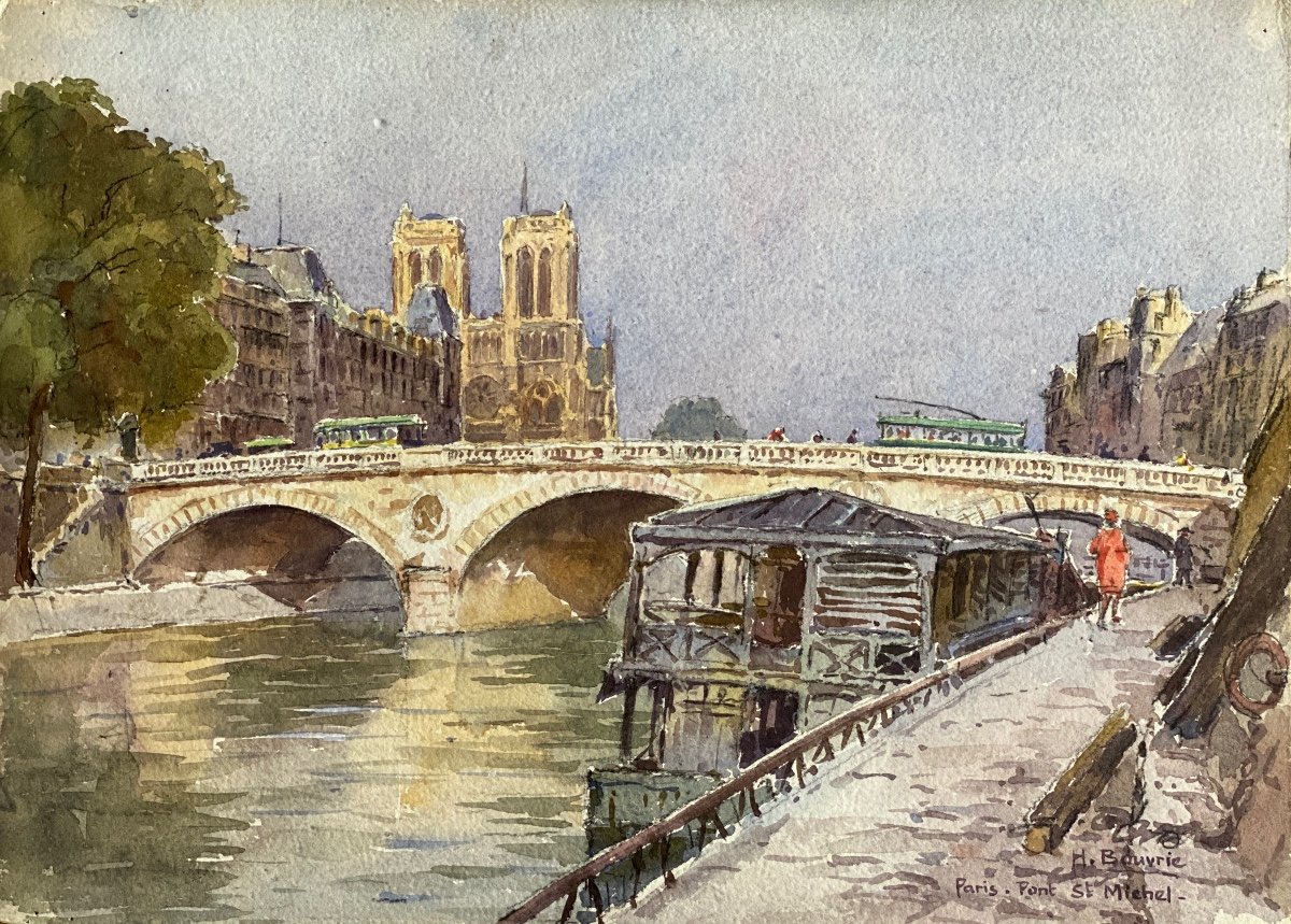 View Of Paris Le Pont Saint Michel - Notre Dame - Watercolor 45.5 X 33 Cm By Henri Bouvrie 1896 1973