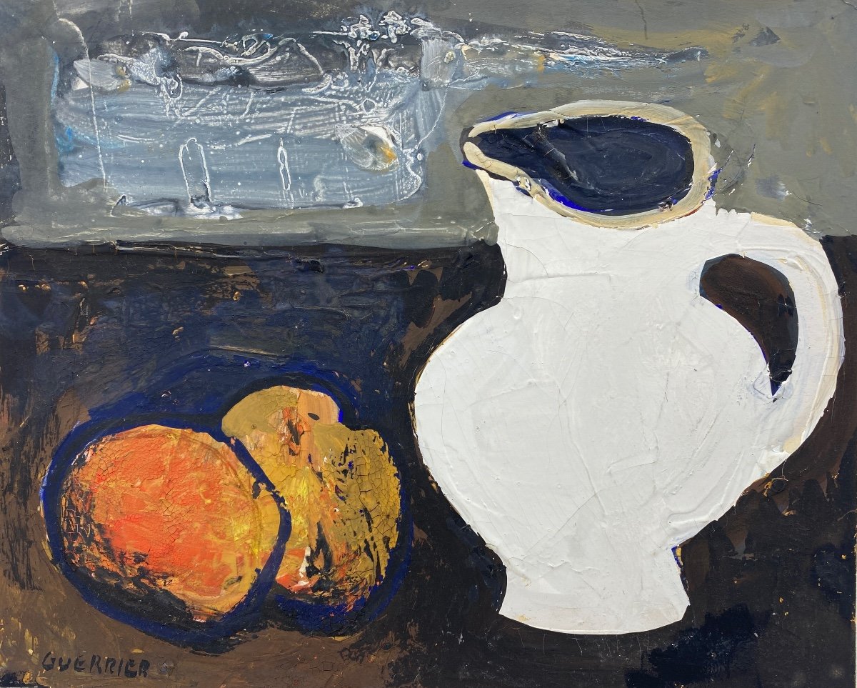 Work Gouache Still Life Fruits And White Jug. Circa 1960 Raymond Guerrier 1920 - 2002 