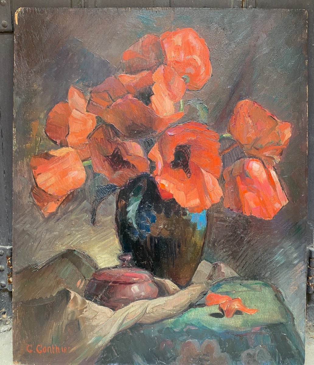 Oil On Wood By Georges Gonthier 1886 – 1969 - 61 X 50 Cm Bouquet Of Poppies Unframed -photo-2