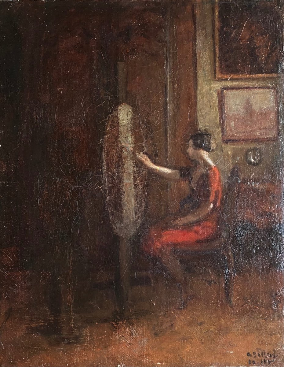 Huile Sur Toile Circa 1930-40  Signature Illisible Femme Peintre Dans Un Intérieur atelier-photo-4