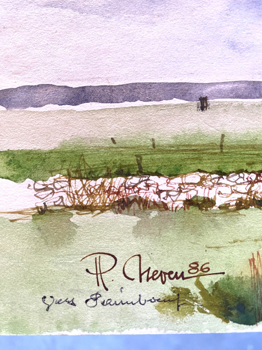 Aquarelle Pierre NEVEU 1929 estuaire océan Loire vue panoramique Paimboeuf  cabanes à carrelet -photo-2