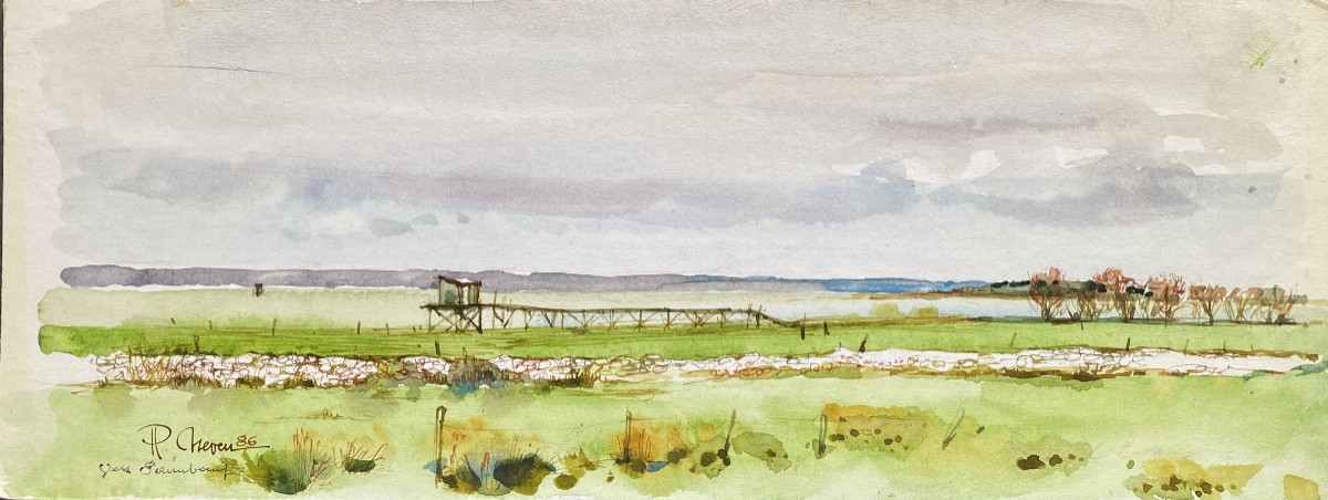 Aquarelle Pierre NEVEU 1929 estuaire océan Loire vue panoramique Paimboeuf  cabanes à carrelet 