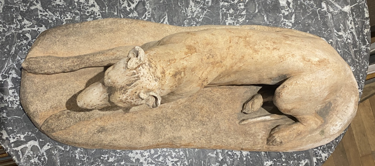 Grande terre cuite chien allongé (dogue allemand) - Richard Fath (1900-1952)-photo-1