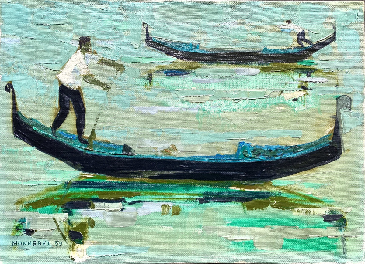 Venice The Gondoliers Signed Dated 1959 Oil On Canvas By Jean Monneret 1922-2025 33 Cm X 24 Cm