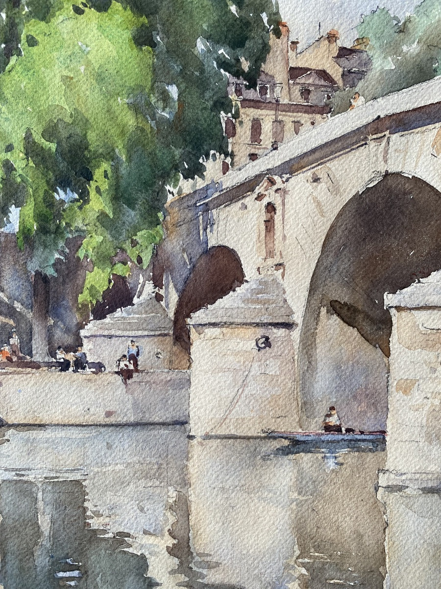 The Pont Marie In Paris - Watercolor Signed Henri Bouvrie (1896-1973)-photo-2