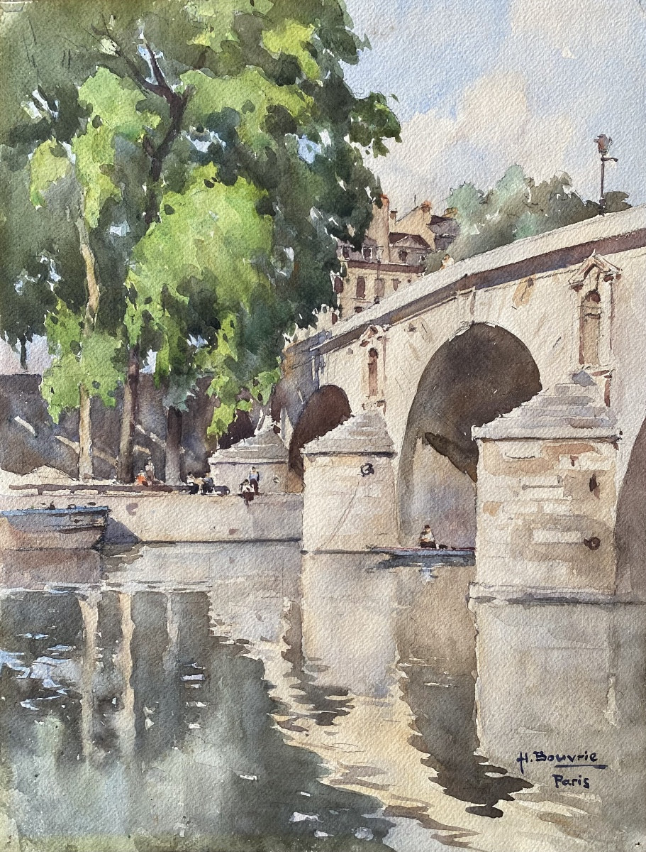 The Pont Marie In Paris - Watercolor Signed Henri Bouvrie (1896-1973)