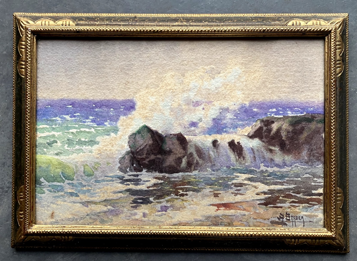 Seaside - Watercolor Titled "a Wave At Carqueiranne" Signed Antoine Barbier