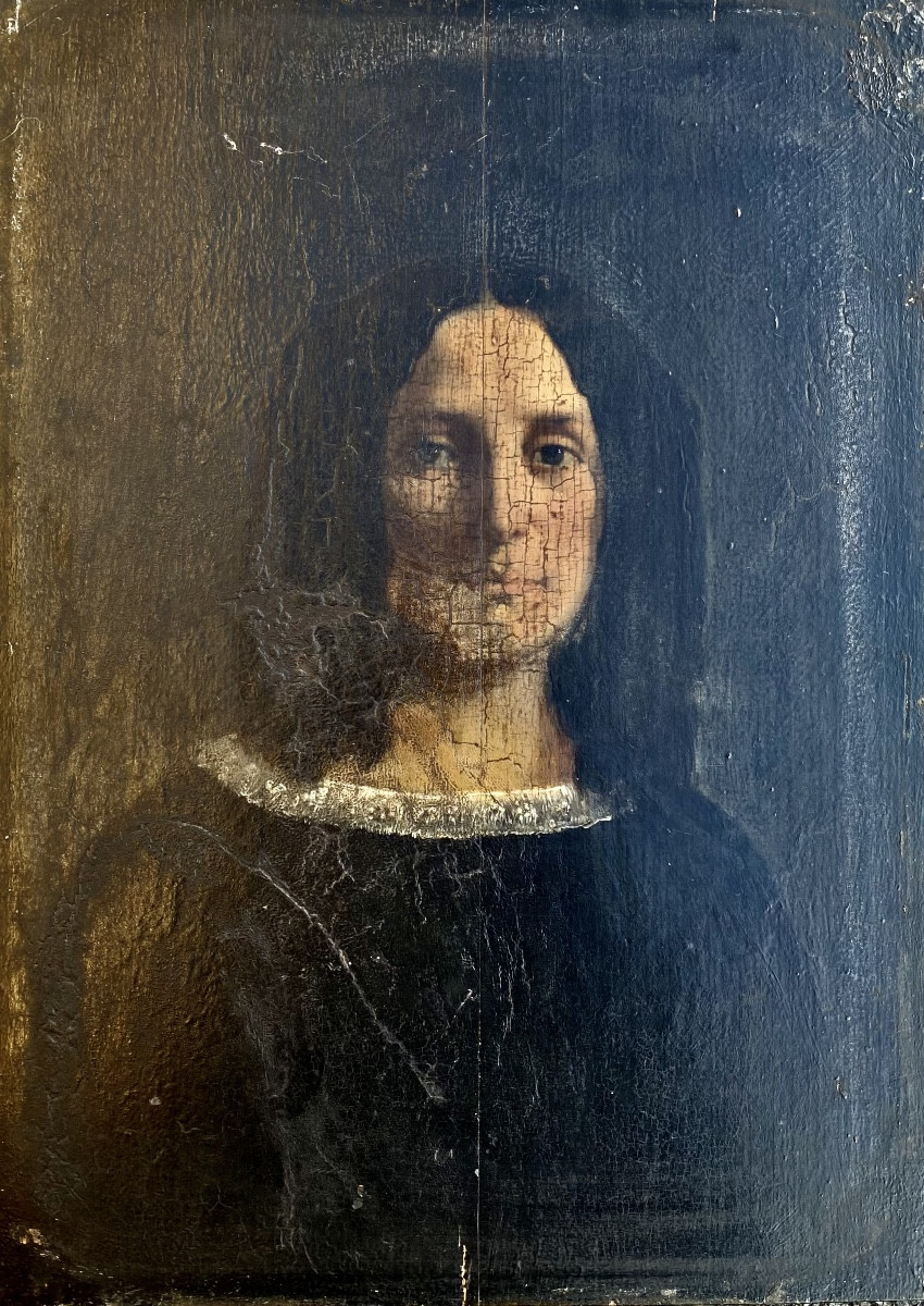 Intéressant portrait ancien belle facture  beau regard huile sur bois craquelure d'époque-photo-2